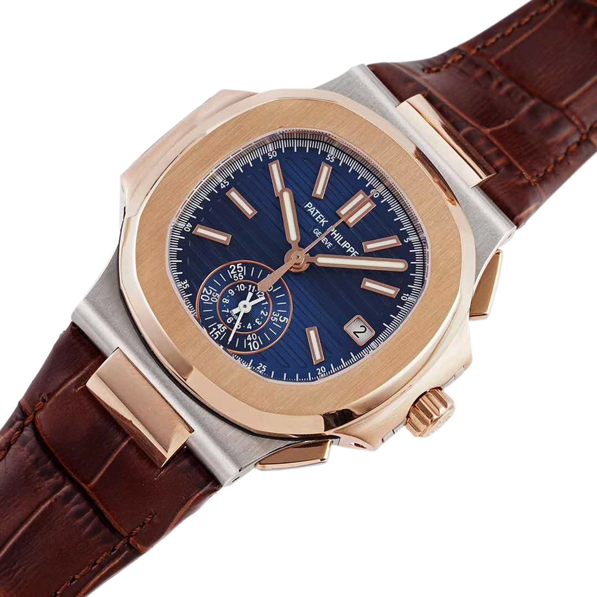 Nautilus Chronograph 5980/1AR in Steel and Rose Gold on Brown Leather Strap