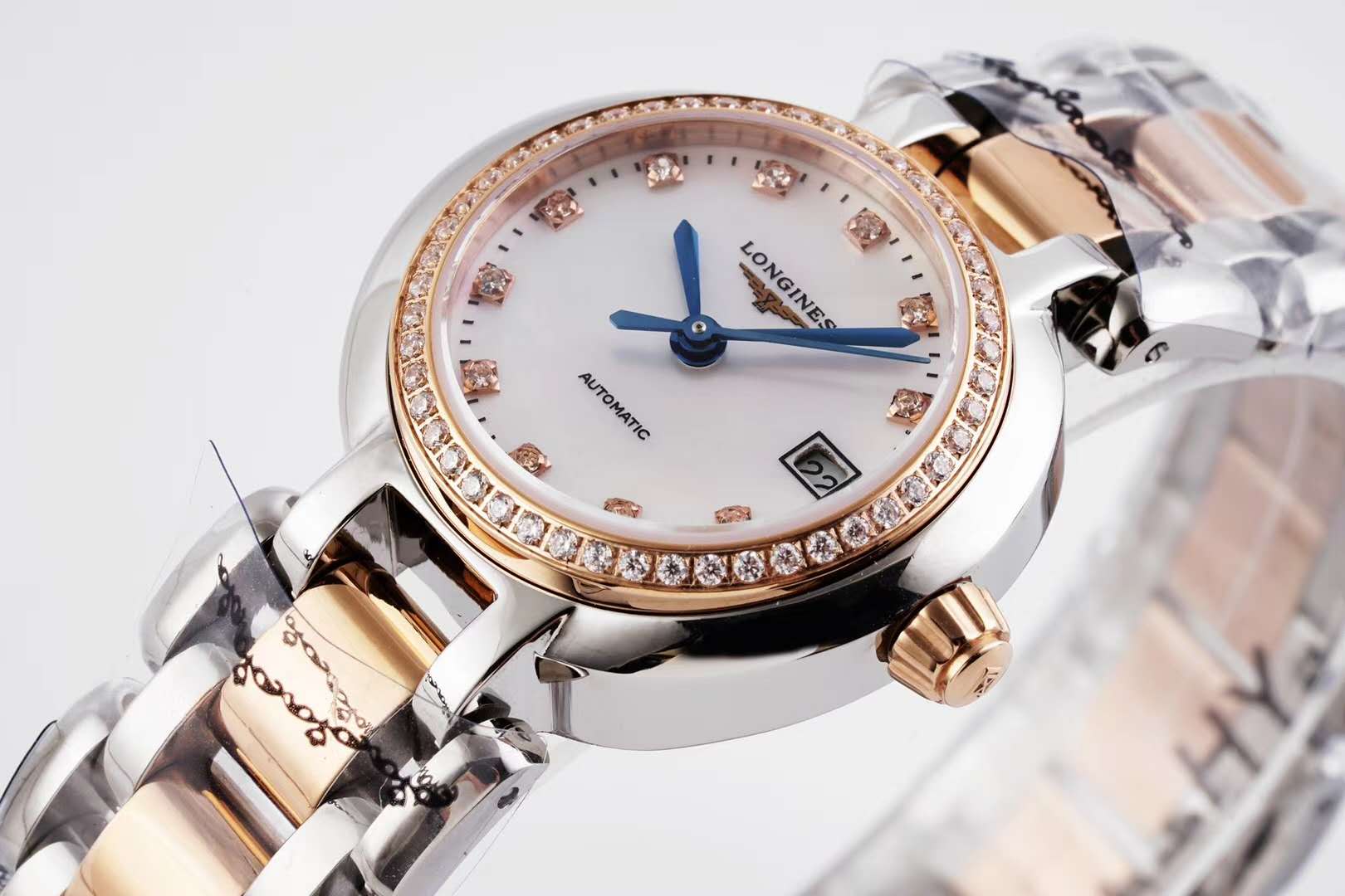 Primaluna MOP White Dial with D1am0nd Markers and D1am0nd Bezel in Rose Gold