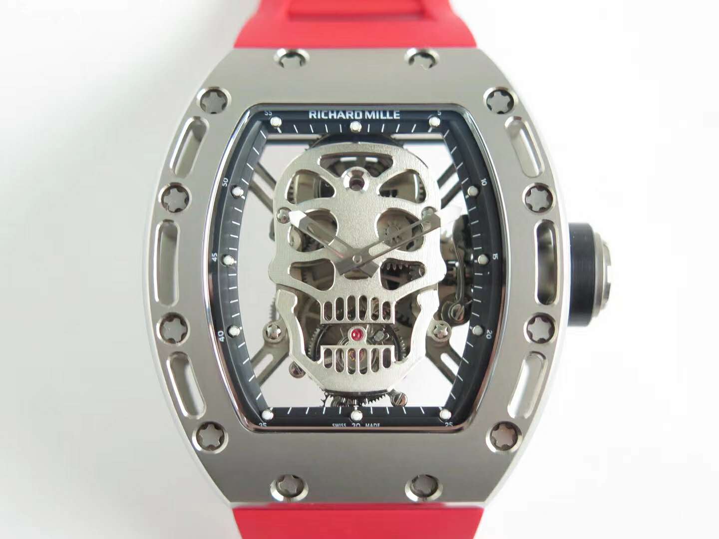 RM 052-01 Tourbillon Skull in Titanium on Red Rubber Strap